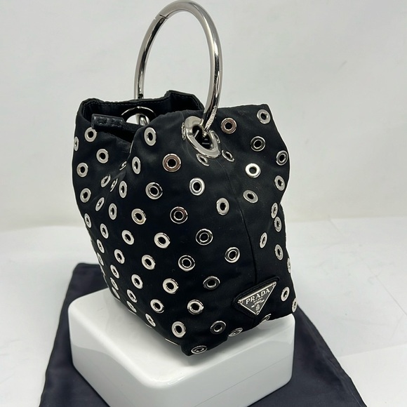 PRADA Black Tessuto Nylon Chrome Grommets Small Bracelet Bucket Bag - Picture 1 of 16